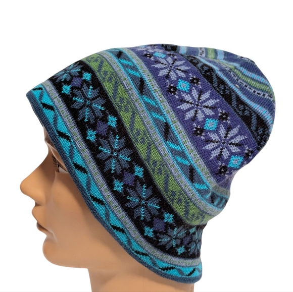 Turtle Fur Adult Beanie Blue Aztec Winter Pom Ski Snowboard Lined Wool Hat Cap - Picture 5 of 8